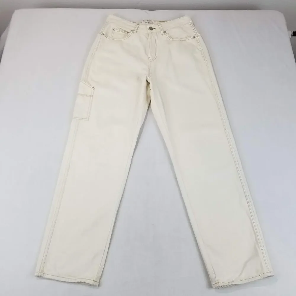 Wrap London Jeans Womens US 8 Cream Carpenter Utility Button Fly Cinch Back ZA76